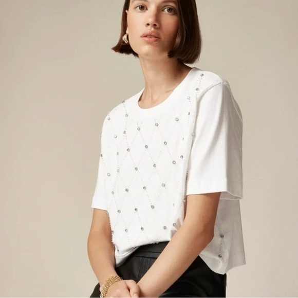 NWT J. Crew Relaxed fit lattice-embellished cropped boxy white T-shirt CD143 - Picture 1 of 8